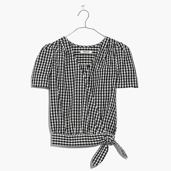 🌻 Madewell Short-Sleeve Cropped Wrap Top in Black/White Gingham Check - XS / M - Picture 4 of 10